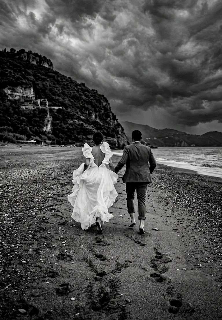 Sposi sulla spiaggia sotto un cielo drammatico